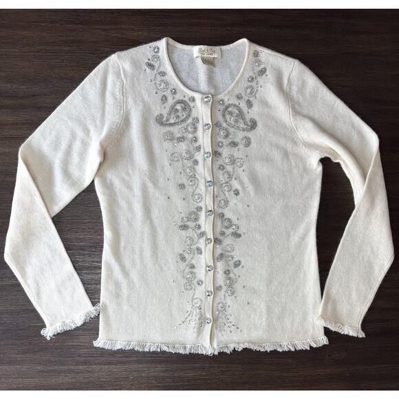 100% Cashmere Cardigan Sweater Womens Small Ivory Beaded Crystal Button - Picture 2 of 9